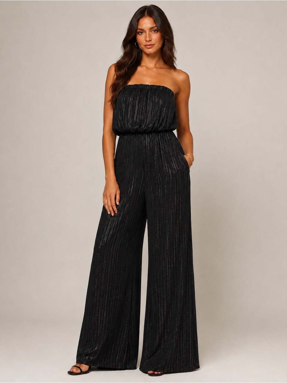 Black Silver metallic Strapless Jumpsuit S Wide Leg Disco Party Cocktail Evening